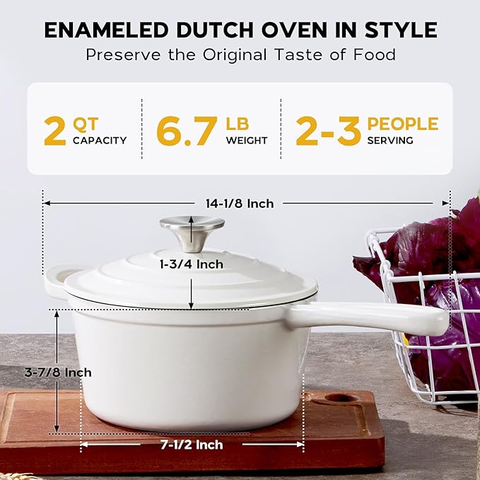 Onader 2 Quart Saucepan Dutch Oven, Enameled Cast Iron Sauce Pan Pot with Lid, Small Cooking Kitchen Pot, Nonstick & Oven Safe ??White