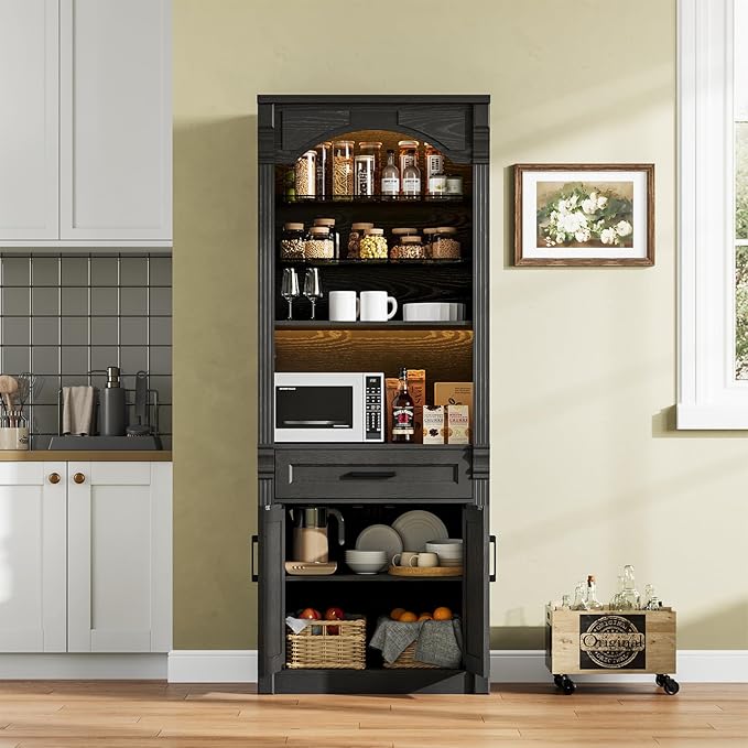 Rresyet 70.9" Tall Kitchen Pantry Storage Cabinet, Modern Kitchen Hutch Bar Cabinet with Lights, Freestanding Food Pantry with Adjustable Shelves and Drawer (Black)