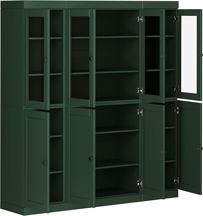 Palace Imports 100% Solid Wood Kitchen China Pantry Cabinet, 65" W - 4 Clear Glass & 4 Shaker Doors, Renewable Eco-Friendly Wood, Made in Brazil (Green, 8 China/Shaker Doors | NO Drawers)