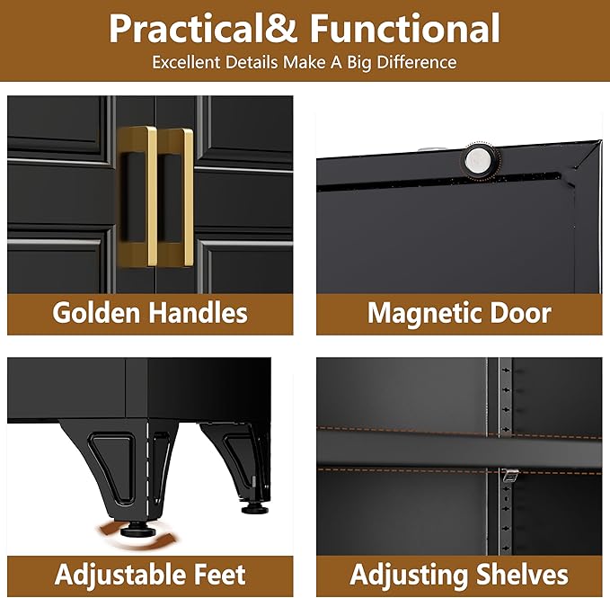 Kitchen Pantry Cabinet, Metal Food Pantry cabinets with Doors and Shelves, 90" Tall Storage Cabinet for Dining, Living Room, Black, 16" D x 32" W x 90" H, Assembly Required