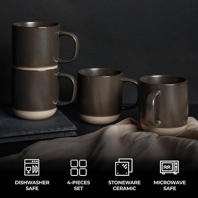 MIAMIO ??Coffee Mugs Set of 4 / Ceramic Cups for Coffee (17.5 oz), Cappuccino, Latte Macchiato, Tea, Espresso/Dishwasher and Microwave Safe ??Sierra Collection (Dark, Mugs (4x))
