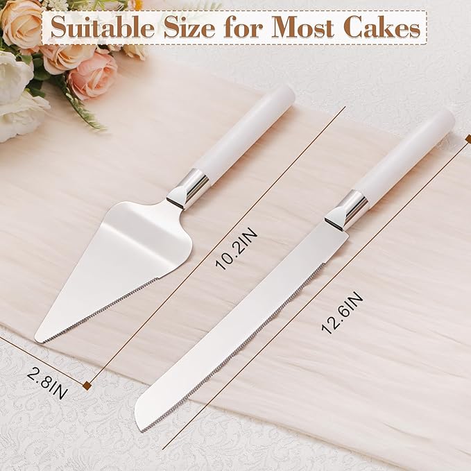 Cake Cutting Set for Wedding, Wood Cake Knife and Server Set, Vintage 2-Piece Pie Cake Cutter, White Pizza Dessert Utensils Bridal Anniversary Birthday Quincea챰era Gift (White)