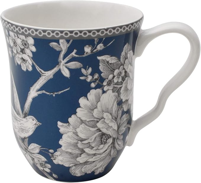 222 Fifth Adelaide 16-Piece Dark Blue Porcelain Dinnerware Set ??Service for 4, Plate, Bowl & Mug Set, Bird & Floral Design, for Everyday Dining & Entertainment, Microwave & Dishwasher Safe