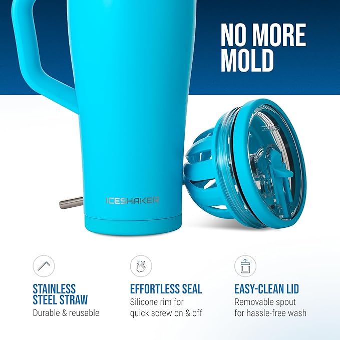 Ice Shaker 32 oz Tumbler with Handle and Straw | 32oz Caribbean Blue | Cold for 30+ Hours | 2-in-1 Tumbler Shaker Bottle | Odor-Free 32 ounce Bottle for Water, Protein Shakes, Smoothies, Cocktails