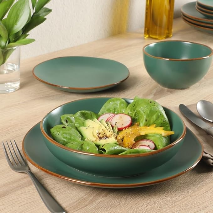 Gibson Home Hazeltine 16-Piece Green Stoneware Dinnerware Set ??Plates and Bowls, Durable Ceramic Kitchen Dinner Set