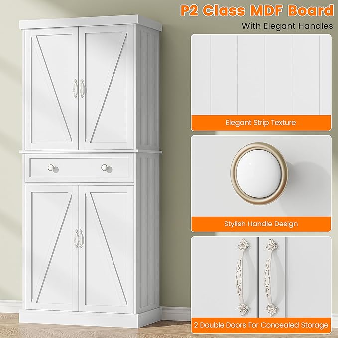 72" Tall Kitchen Pantry Cabinet, White Pantry Storage Cabinet with Adjustable Shelves, Barn Doors and Drawer, Farmhouse Cupboard for Kitchen, Dining Room, Bathroom (16" D x 30" W x 72" H)