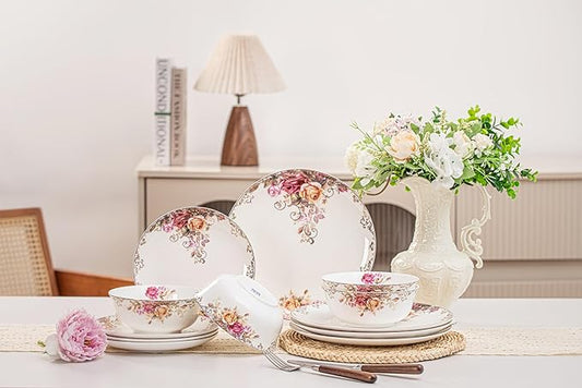 FHGNYSM Dinnerware Sets, Plates Set, with Bowels, Artistic 12-Piece Ceramic Dinnerware, for Home Restaurant, Chip and Scratch Resistant, Microwave and Dishwasher Safe, Rose Collection