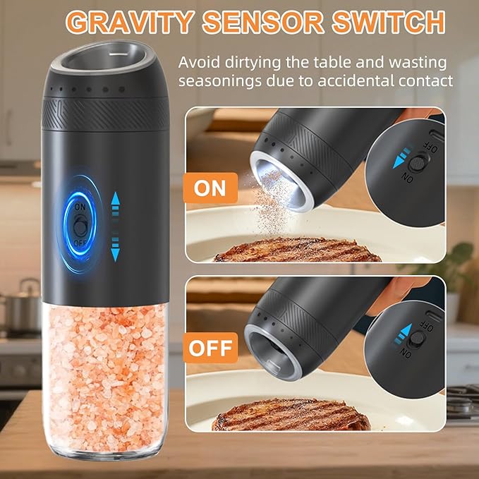 Gravity Electric Salt and Pepper Grinder Set Rechargeable, External Adjustable Coarseness, Automatic Salt and Pepper Shakers Mill with LED Light, 6oz/176ml Large Capacity, House Warming Gifts (1 Pack)