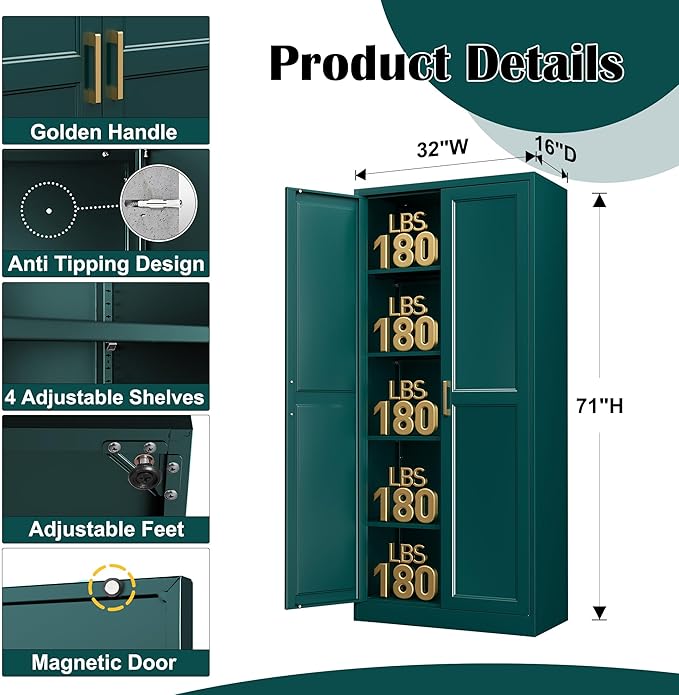 Kitchen Pantry Cabinet,71?쒰reen Metal Pantry Storage Cabinets with Doors and 4 Adjustable Shelves,Kitchen Cabinet with 2 Gold Handles,Tall Cabinet for Livingroom, Bathroom