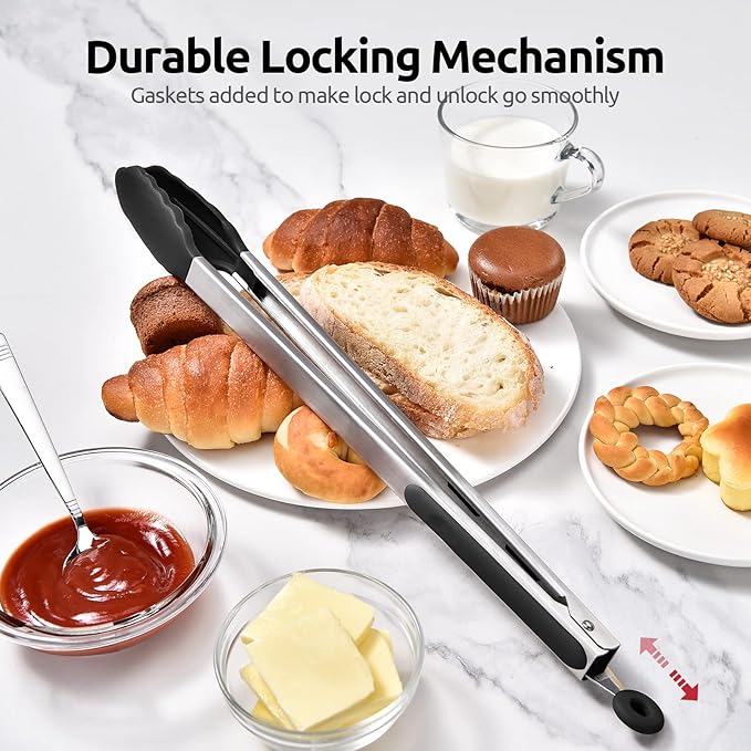 600쨘F Heat Resistant Kitchen Tongs: U-Taste 16 inch Extra Long Large Silicone Cooking Tong with Sturdy Non Stick Rubber Tips & Non Slip Silicon Coated 18/8 Stainless Steel Handle for Grill BBQ (Black)