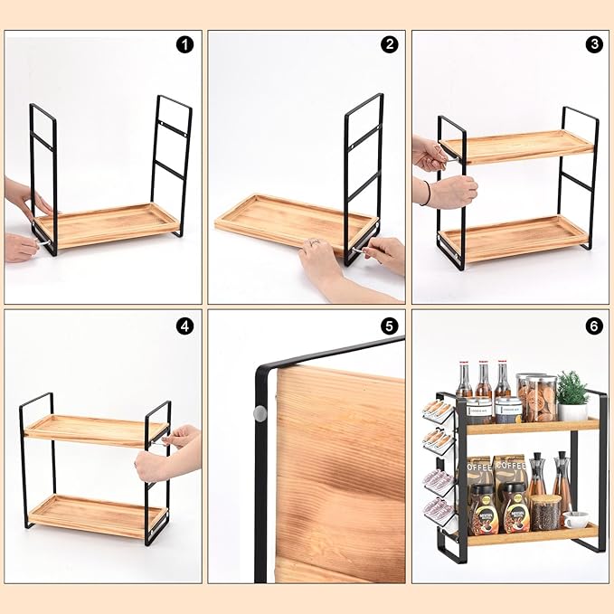 LEMIKKLE Coffee Station Organizer for Counter,Condiment Storage Caddy for Kitchen,2 Tier Wooden Shelf for Coffee Bar Accessories,Coffee Bar Organizer for Kitchen, Home, Office-Brown