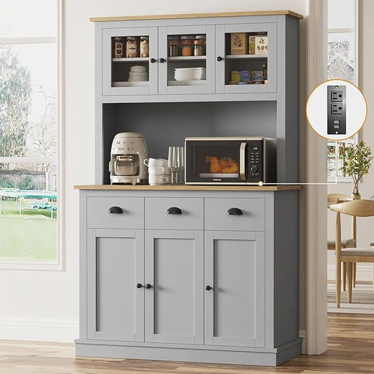 71" Kitchen Hutch with Charging Station, Tall Pantry Storage Cabinet with Microwave Stand, Adjustable Shelves, Slide Drawers, Large Buffet Pantry Cabinet for Kitchen, Dining Room, Grey