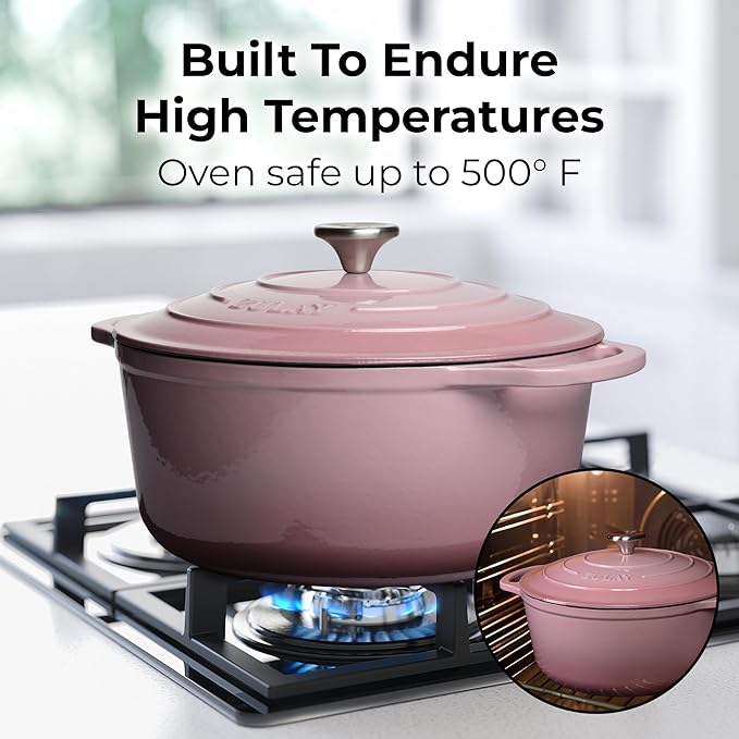 Zulay Kitchen 5 Quart Enameled Cast Iron Dutch Oven Pot with Lid ??Premium Durability & Oven Safe up to 500째F ??Heavy Duty Cookware Perfect for Bread Baking, Stews, Braising & Roasting ??Pink