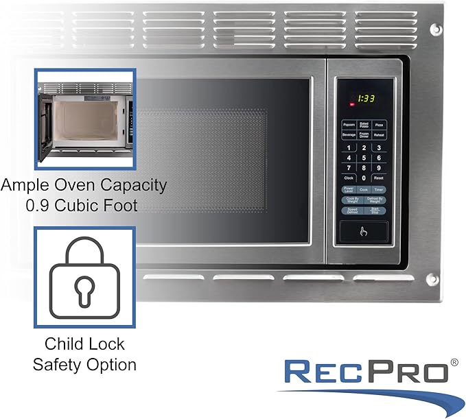 RecPro Over the Range RV Microwave | .9 cubic ft Stainless Steel Microwave with Trim Kit | 900 Watt | Direct Replacement for Greystone