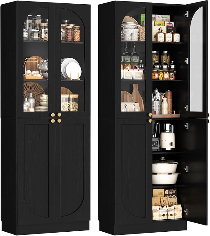 Cyclysio 80" Kitchen Pantry Cabinet, Tall Arch Storage Cabinet with Glass Doors, Freestanding Wood Floor Cupboard Bookcase with Seamless Fit Wall for Dining Room, Living Room, Bathroom (Black)
