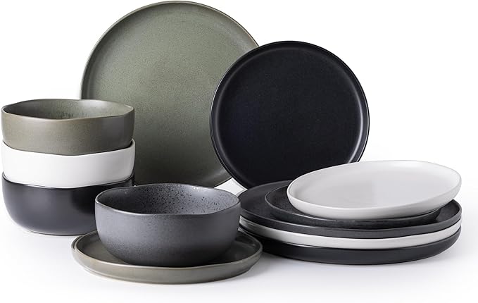 AmorArc Ceramic Dinnerware Sets, Wavy Rim Stoneware Plates and Bowls Sets, Highly Chip and Crack Resistant | Dishwasher & Microwave Dishes set, Service for 4 (12pc)-4 Color