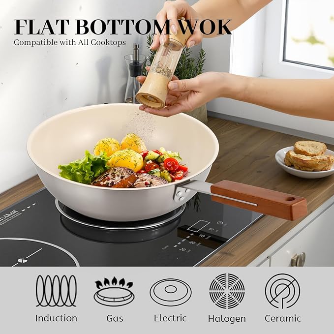 MARSKITOP Ceramic Wok with Lid, 9.5 Inch Stainless Steel Nonstick Stir Fry Pan with Wooden Handle, Compatible with All Stovetops, PFAS Free