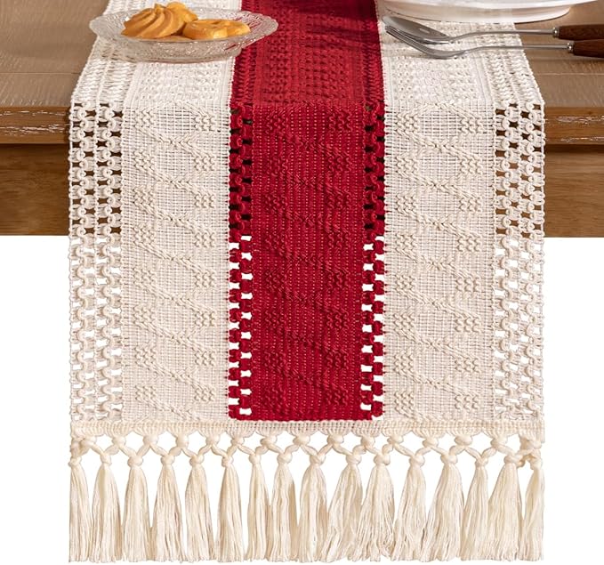 Socomi Boho Table Runner Valentine's Day Farmhouse Rustic Dining Kitchen Centerpiece Decor Small Macrame Woven Cotton Linen Coffee Table Runner for Dresser Scarf Home Decor 12x72 in Red Ivory