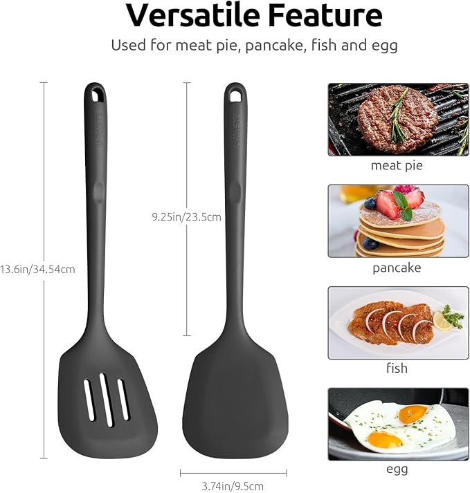 600쨘F Heat Resistant Silicone Turner: U-Taste 13.6in Long Solid & Slotted Thick Kitchen Spatula Flipper, Large Flexible Cooking Utensil for Flipping Egg in Nonstick Cookware (Classic Black, 2PCS)