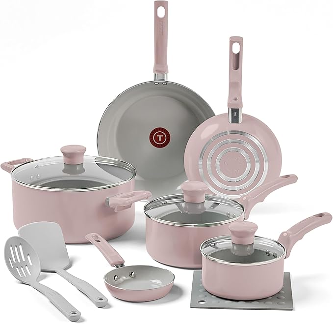 T-Fal Refresh Ceramic Nonstick Cookware Set, 12-Piece Ceramic Pots and Pans Set, Oven Safe to 350째F, Includes Stockpot, Griddle, Frying Pans, & Utensils, Dusty Rose