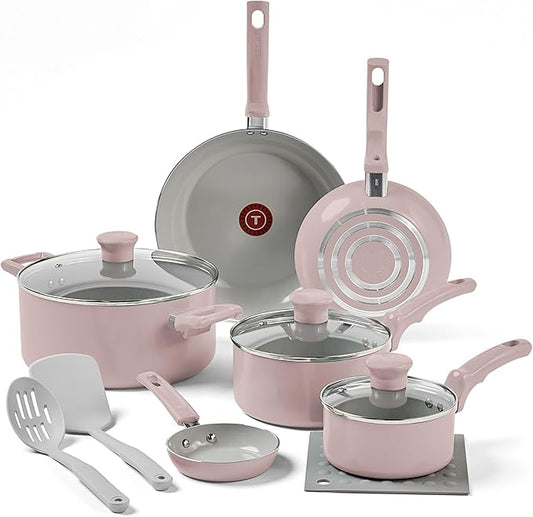 T-Fal Refresh Ceramic Nonstick Cookware Set, 12-Piece Ceramic Pots and Pans Set, Oven Safe to 350째F, Includes Stockpot, Griddle, Frying Pans, & Utensils, Dusty Rose