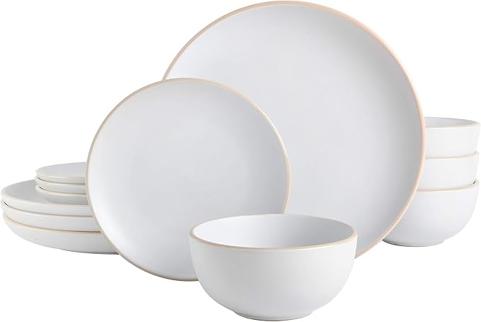 Gibson Home Rockaway 12-Piece Round Stoneware Dinnerware Set, Service for 4 ??White Plates and Bowls, Modern Matte Finish, Microwave & Dishwasher Safe