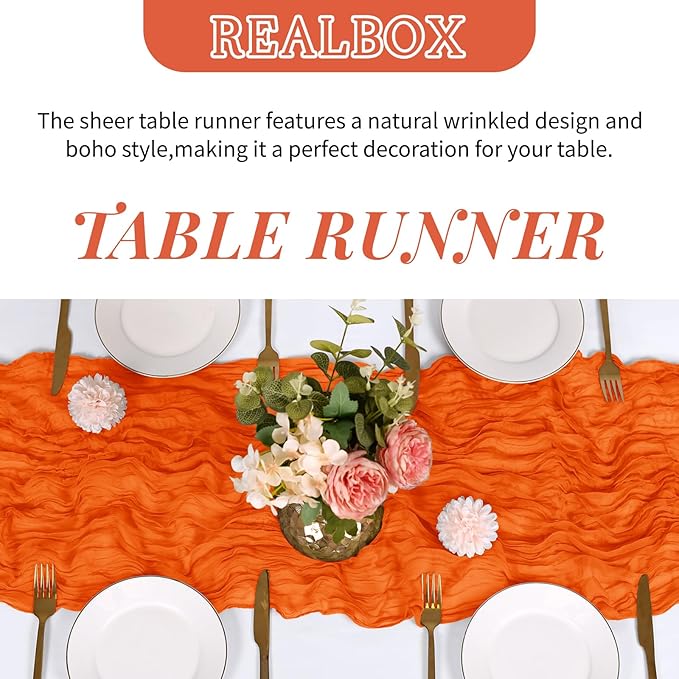 RealBox 3 Pack Orange Cheesecloth Table Runner 17x108 Inch Semi Sheer Boho Gauze Cheese Cloth Fabric Table Runners Table Decor for Wedding Party Baby Shower Birthday Home Decor Garden Farmhouse