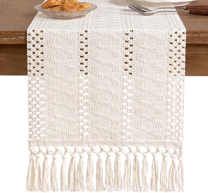 Socomi Boho Table Runner Valentine's Day Farmhouse Rustic Dining Kitchen Centerpiece Decor Small Macrame Woven Cotton Linen Coffee Table Runner for Dresser Scarf Home Decor 12x36 inch Cream Ivory