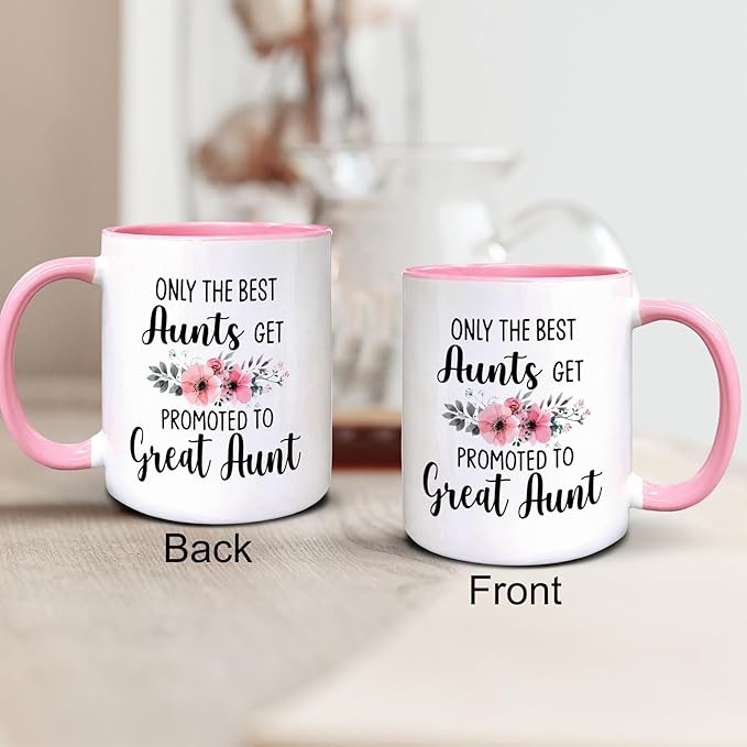 QASHWEY Great Aunt to Be Gifts Coffee Mugs Mug, Funny Pregnancy Announcement Gifts for Auntie New Great Aunt, Get Promoted to GreatAunt Double Side Printed Ceramic Mug Cup 11 Ounce(Pink)