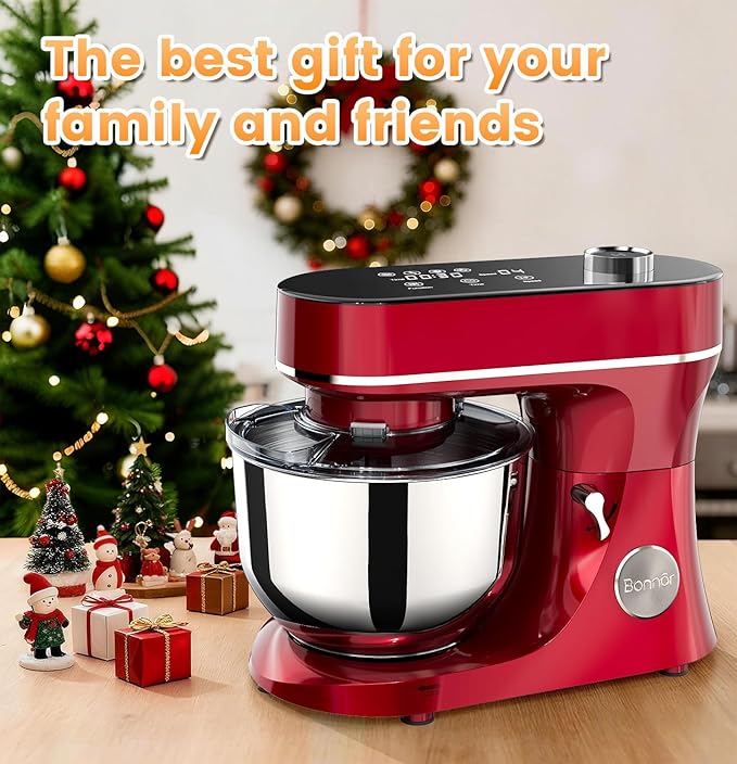 Stand Mixer 6QT Kitchen Mixer with LED Smart Touchscreen, 11-Speed Tilt-Head Mixer with Timer, 4 Preset Menus, Stainless Steel Bowl, Dough Hook, Whisk, Beater,Red
