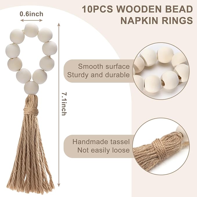Hardcometrue Boho Woven Placemats Set of 10 with Wooden Napkin Rings, Round Charger Plates, Natural Ranttan Dinner Place Mats for Dining Table Decor - 13.8 inch