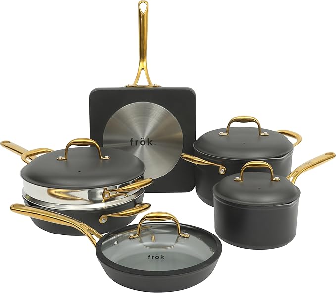 Frok 10 Piece Pots and Pans 4MM Thick Quick Heat Aluminum Cookware Set w/Premium PFA Free Ceramic Nonstick Interior Heat Resistant Exterior - Induction - Black & Gold