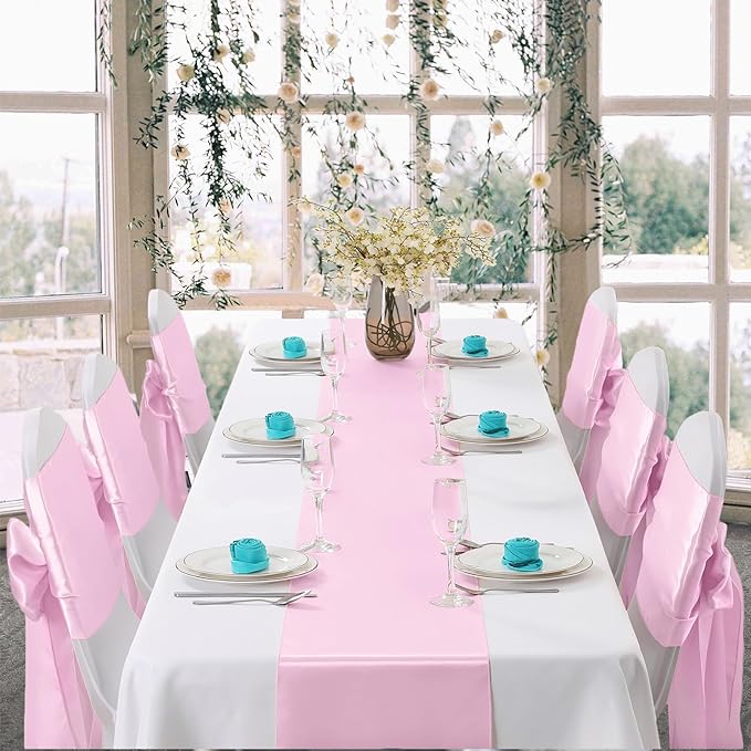 Horbaunal 6 Pack Satin Runners 12 x 108 Inch Bright Silky Smooth Satin Table Runners for Birthday Wedding Party Banquets, Light Pink