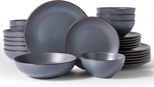 Famiware Venus Speckled Dinnerware Set with Pasta Bowls, Service for 6 (24 Pieces), Stoneware Plates and Double Bowls Sets, Microwave & Dishwasher-Safe Dishes with Trim, Matte Charcoal