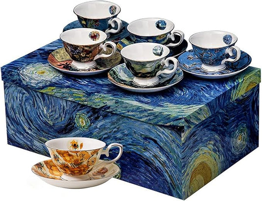 Van Gogh Bone China Set of 6 Cups and Saucers With Rack, Coffee Cup and Saucer Set With Gift Box, 7.4-Ounce Art Coffee Mugs Set - Perfect Birthday/Holiday/Wedding Gift