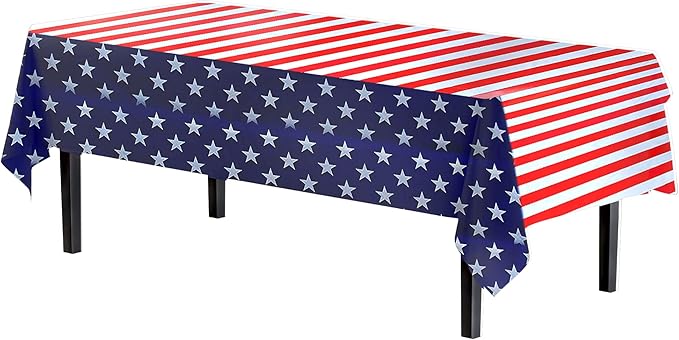 Party Solids Pack Of 6 Premium Rectangle American Flag Design Plastic Tablecloth - USA Stars and Stripes Tablecloth Disposable Plastic Table Cover for July 4th - 54 inch. x 108 inch