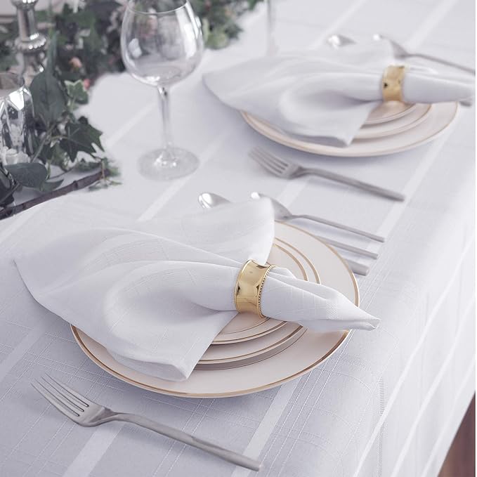 Newbridge 70 Inch Round Fabric Tablecloth, Elegance Plaid, 100% Polyester, No Iron Soil Resistant Dining Room, Party and Banquet Table Cover, Solid Textured, White