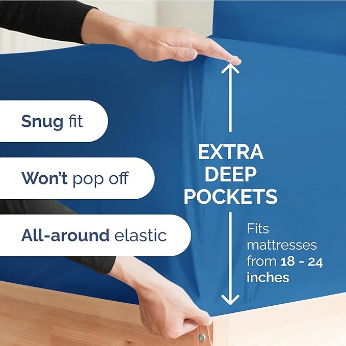 Extra Deep Pocket King Sheets - 4 Piece Breathable & Cooling Bed Sheets - Hotel Luxury Bed Sheet Set - Soft, Wrinkle Free & Comfy - Easily Fits Extra Deep Mattresses - Deep Pocket Royal Blue Sheets