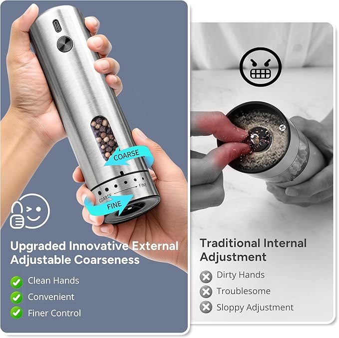 Electric Salt and Pepper Grinder Set, Rechargeable Automatic Salt and Pepper Shakers Mills, 110ml Large Capacity, Stainless Steel, Adjustable Coarseness, LED Light & Base, Ideal for Kitchen & Gifts