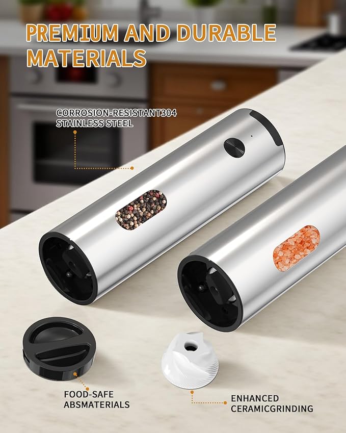 CIRCLE JOY Electric Salt and Pepper Grinder Set, Stainless Steel Rechargeable Pepper Mill Set with Charging Base, 110ML Top-Fill, Adjustable Coarseness, LED Light, One-Hand Operation, Gift Idea