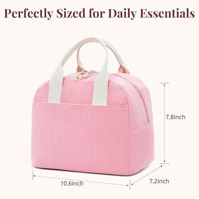 LOVELYWIND Insulated Sugar Pink Lunch Bag for Women, Stylish Corduroy Tote with Aluminum Lining, Large Capacity Reusable Cooler for Work, Travel, or Beach, Beige Cream Water-Resistant Lunch Box