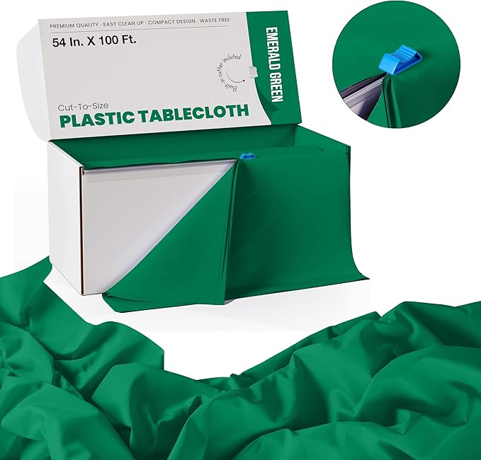 Party Solids 54 Inch X 100 Feet Emerald Green Plastic Table Cover Roll in A Cut - to - Size Box with Convenient Slide Cutter. Cuts Up to 12 Rectangle 8 Feet Plastic Disposable Tablecloths