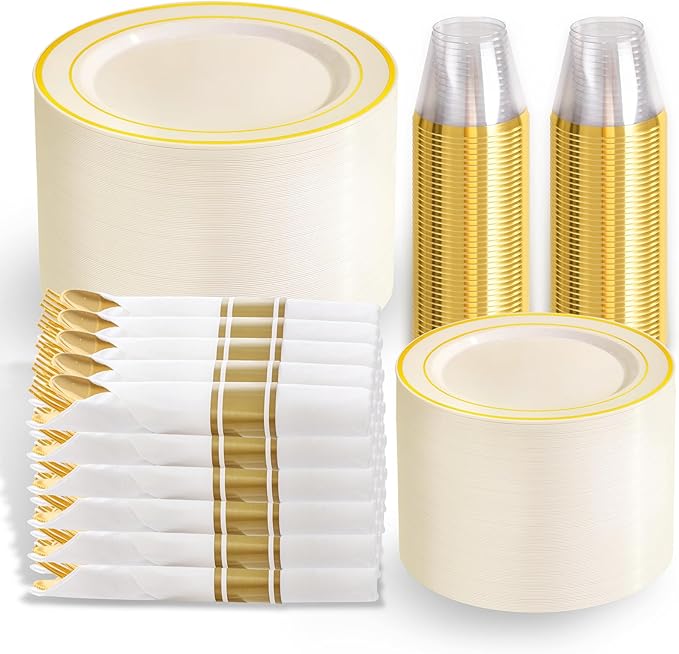 WELLIFE 350PCS Ivory Plastic Plates for 50 Guests -Thanksgiving Plates,Thanksgiving Decorations,Disposable Plate for Party and Wedding