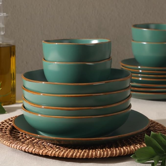 Gibson Home Hazeltine 16-Piece Green Stoneware Dinnerware Set ??Plates and Bowls, Durable Ceramic Kitchen Dinner Set