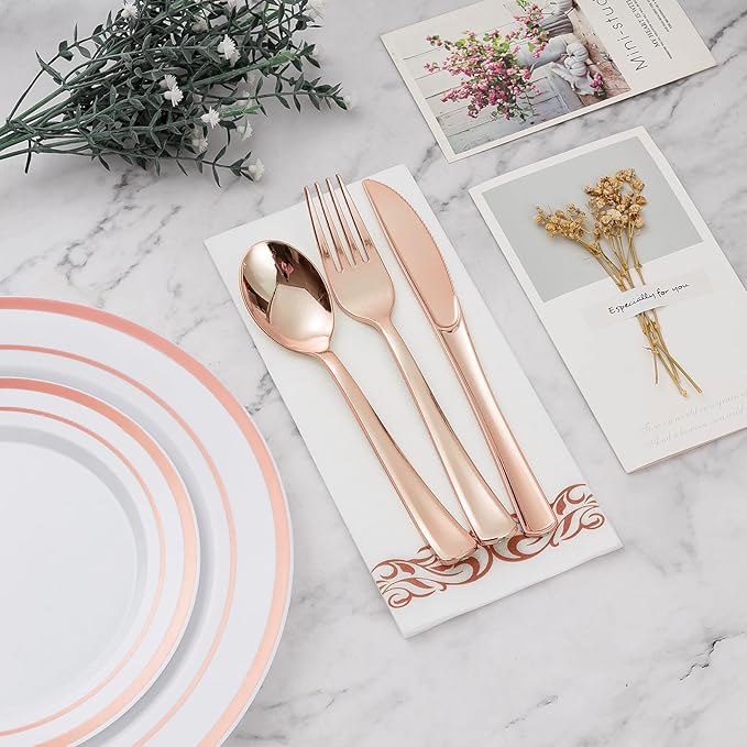 BESTVIP 175PCS Rose Gold Disposable Dinnerware Set for 25 Guests, Plastic Plates for Party, Wedding, Christmas, Include: 50 Plastic Plates, 25 Rose Gold Silverware, 25 Cups, 25 Napkins