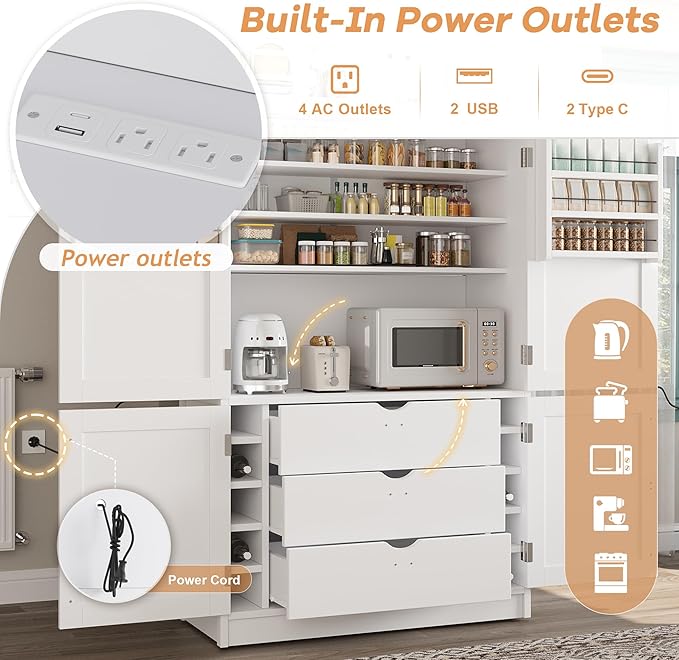 Ball & Cast 80?쿟all Freestanding Kitchen Pantry Cabinet with 2 Power Outlets & 3 Large Drawers,41" W Versatile Farmhouse Pantry Storage Cabinet w/Adjustable Shelves and Door Shelves,for Kitchen