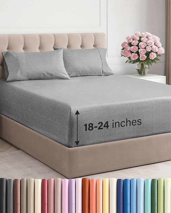 Extra Deep Pocket Queen Sheet Set - 4 Piece Breathable & Cooling Bed Sheets - Hotel Luxury Sheet Set - Ultra Soft, Wrinkle Free & Comfy - Fits Extra Deep Mattresses - Deep Pocket Heathered Grey Sheets