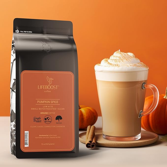 Lifeboost Pumpkin Spice Coffee Ground ??Organic, Low Acid, Non-GMO, Single Origin Medium Roast ??Mycotoxin-Free Cozy Flavored Fall Coffee, 12 oz