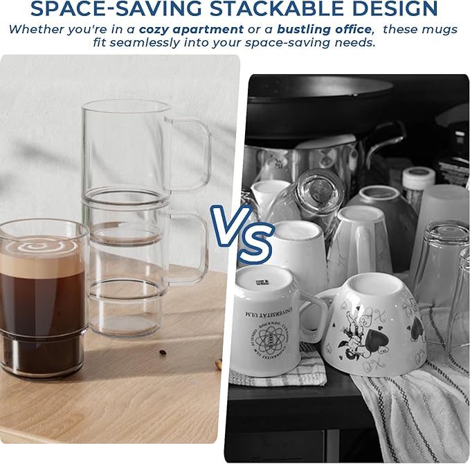 Aquach 18oz Stackable Glass Mugs with Handle, Set of 2 - Large Clear Coffee Cups for Latte, Cappuccino, Mocha, Americano, and Tea
