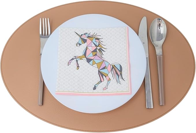 Nikalaz Oval Placemats Set (Pack of 4) Recycled Leather Table Mats 18 x 13 inches (45.7 x 33 centimetres), Kitchen Dining Table Decor by Nikalaz (Camel Light)